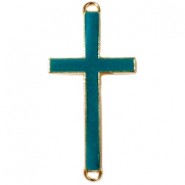 Metal connector charm Cross 46x23mm Gold - Dark blue-green